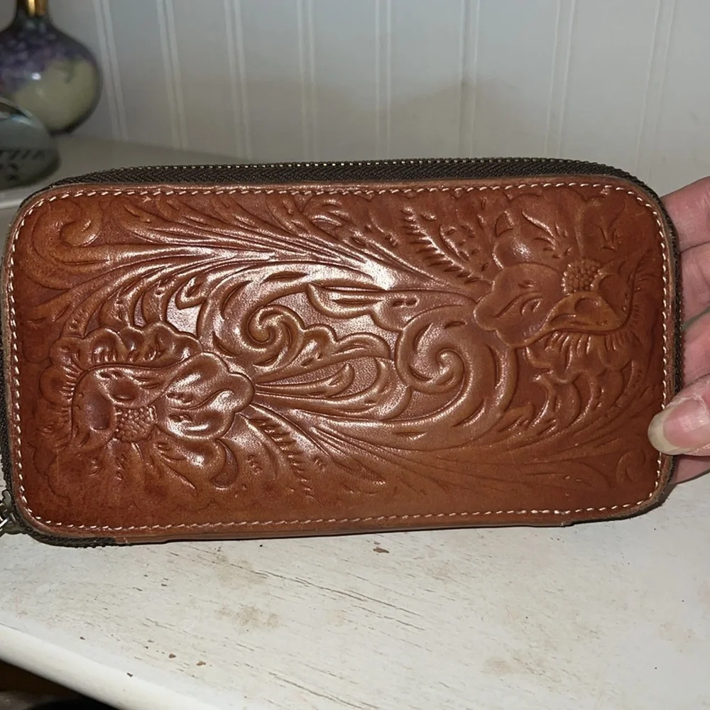 Patricia Nash Embossed Brown Leather Wallet zip around fold over